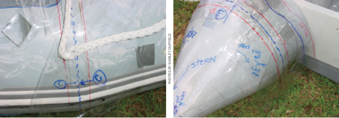 Alignment points of adjacent panels should be labeled clearly, at left. This greatly facilitates proper panel alignment later during chap assembly. Plastic patterning panel pieces should overlap generously so that cut lines may be accurately determined. The red cut line for the transom panel, at right, appears to be on the tube end panel when, in fact, it is showing through the plastic pattern piece from the piece underneath.