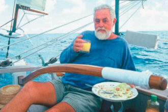 At sea, when fresh provisions tend to run short, Lin Pardey relies on cheeses for quick lunch solutions. A contented Larry Pardey, above, goes along with the plan.