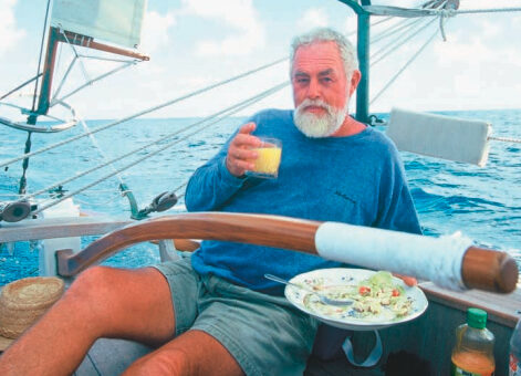 At sea, when fresh provisions tend to run short, Lin Pardey relies on cheeses for quick lunch solutions. A contented Larry Pardey, above, goes along with the plan.
