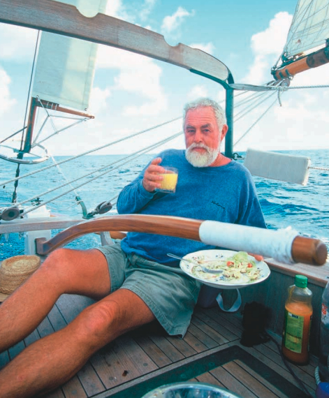 At sea, when fresh provisions tend to run short, Lin Pardey relies on cheeses for quick lunch solutions. A contented Larry Pardey, above, goes along with the plan.