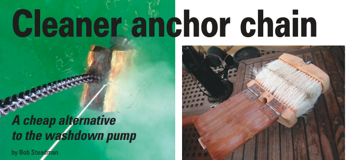 Two brushes, hinged together so the anchor rode can be inserted, will clean a muddy chain nicely. The assembly is weighted and a short retrieval line is attached.