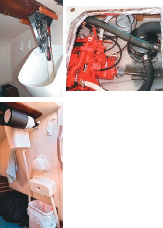 Full access adjusting the shift cable from the galley is had by removing four screws in the top of the modified plastic wastebasket, at left above. The soft coverings of the engine control, extinguisher, and cockpit instruments prevent bruised heads in the galley, at left below. Long cable bends bring control and throttle cables to their terminals, at right above.