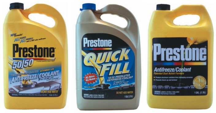 A 50/50 blend of extended-life coolant and distilled water, at left. A 50/50 blend of ethylene glycol and distilled water, center. Common ethylene glycol-based coolant, at right.