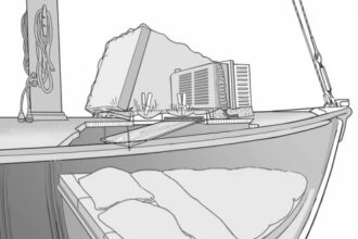 If you don’t have room at the companionway to accommodate a small air-conditioning unit, consider the forward hatch. The unit sits on the bow, forward of the hatch, with a thick plastic bag to create the wind tunnel and a small shield to deflect the majority of the flow from the faces of those sleeping in the V-berth.