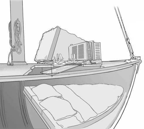 If you don’t have room at the companionway to accommodate a small air-conditioning unit, consider the forward hatch. The unit sits on the bow, forward of the hatch, with a thick plastic bag to create the wind tunnel and a small shield to deflect the majority of the flow from the faces of those sleeping in the V-berth.