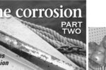 An aluminum anchor shows a localized attack, or pitting, on facing page. An array of sacrificial anodes made of zinc in a marine store, at left.