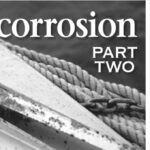 An aluminum anchor shows a localized attack, or pitting, on facing page. An array of sacrificial anodes made of zinc in a marine store, at left.