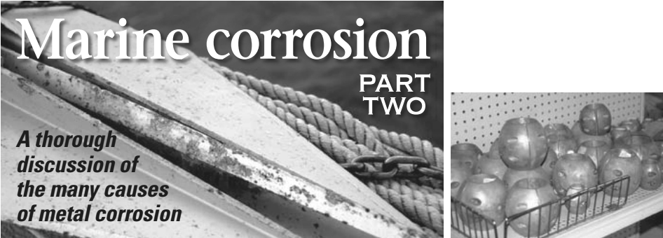 An aluminum anchor shows a localized attack, or pitting, on facing page. An array of sacrificial anodes made of zinc in a marine store, at left.