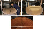 Stitched together with wire ties, the plywood hull planks lie in a pair of rope slings, at left above. Drawn up around a template, the planks begin to take on the shape of the hull, at right above. After taping the seams on the inside of the hull with fiberglass, Jonathon applied several coats of epoxy, at left.