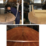 Stitched together with wire ties, the plywood hull planks lie in a pair of rope slings, at left above. Drawn up around a template, the planks begin to take on the shape of the hull, at right above. After taping the seams on the inside of the hull with fiberglass, Jonathon applied several coats of epoxy, at left.