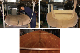 Stitched together with wire ties, the plywood hull planks lie in a pair of rope slings, at left above. Drawn up around a template, the planks begin to take on the shape of the hull, at right above. After taping the seams on the inside of the hull with fiberglass, Jonathon applied several coats of epoxy, at left.