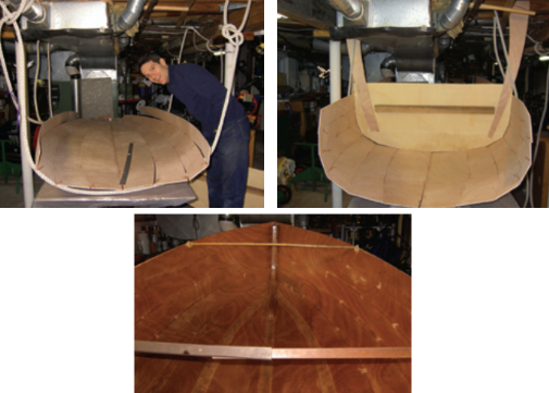 Stitched together with wire ties, the plywood hull planks lie in a pair of rope slings, at left above. Drawn up around a template, the planks begin to take on the shape of the hull, at right above. After taping the seams on the inside of the hull with fiberglass, Jonathon applied several coats of epoxy, at left.