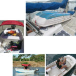 The WaterTender 9.4 has a tri-hull configuration, facing page, and can be stowed below the boom. It can plane at 15 knots with just one person, at left, and serves as the family washing machine after a rainfall, at right.