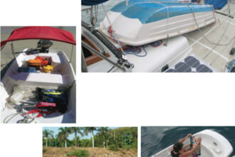 The WaterTender 9.4 has a tri-hull configuration, facing page, and can be stowed below the boom. It can plane at 15 knots with just one person, at left, and serves as the family washing machine after a rainfall, at right.