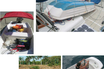 The WaterTender 9.4 has a tri-hull configuration, facing page, and can be stowed below the boom. It can plane at 15 knots with just one person, at left, and serves as the family washing machine after a rainfall, at right.