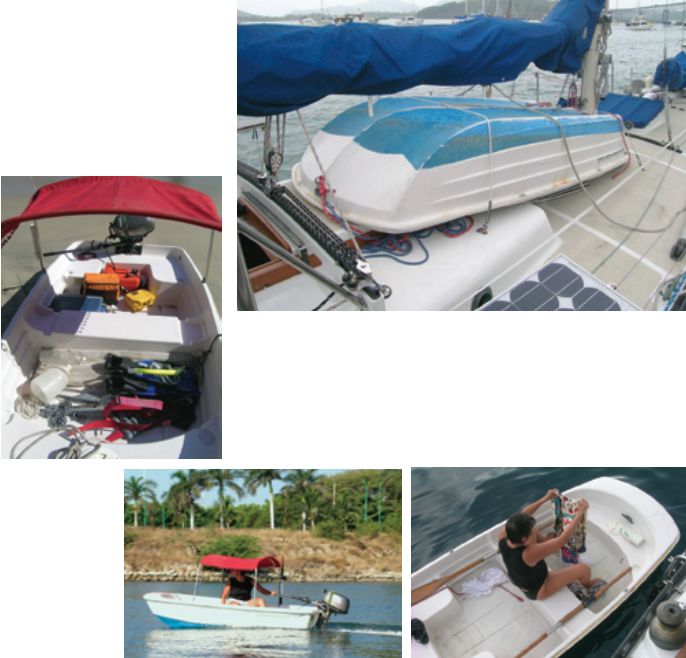 The WaterTender 9.4 has a tri-hull configuration, facing page, and can be stowed below the boom. It can plane at 15 knots with just one person, at left, and serves as the family washing machine after a rainfall, at right.