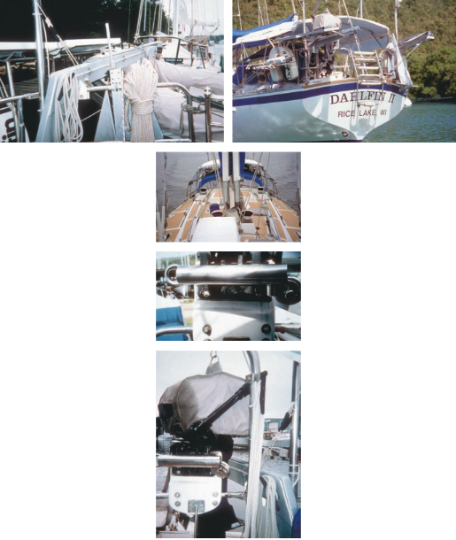 Davits and solar panels and a whole lot more are shown in top photos of Dalfin’s stern. The foredeck, above, showing stainless-steel safety rails around coachroof, non-skid, downwind poles, and plastic side curtains attached to the Bimini. The outboard motor and motor lock on the transom, below, along with a close-up view of the motor lock.