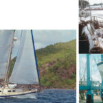 Dalfin II, Bonnie and Ron Dahl’s Columbia 10.7 (a 35-footer), enjoys a saltwater romp off Bequia, south of St. Vincent in the Grenadine Islands, on facing page. The Dahls, Great Lakes sailors for many years, took Dalfin (another view, above) out to the great salt pond and back to the fresh water of Lake Superior not once but twice. The Columbia 10.7 shows her wineglass transom, below.