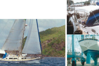 Dalfin II, Bonnie and Ron Dahl’s Columbia 10.7 (a 35-footer), enjoys a saltwater romp off Bequia, south of St. Vincent in the Grenadine Islands, on facing page. The Dahls, Great Lakes sailors for many years, took Dalfin (another view, above) out to the great salt pond and back to the fresh water of Lake Superior not once but twice. The Columbia 10.7 shows her wineglass transom, below.