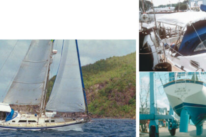 Dalfin II, Bonnie and Ron Dahl’s Columbia 10.7 (a 35-footer), enjoys a saltwater romp off Bequia, south of St. Vincent in the Grenadine Islands, on facing page. The Dahls, Great Lakes sailors for many years, took Dalfin (another view, above) out to the great salt pond and back to the fresh water of Lake Superior not once but twice. The Columbia 10.7 shows her wineglass transom, below.