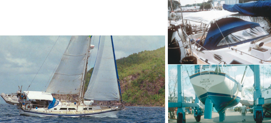 Dalfin II, Bonnie and Ron Dahl’s Columbia 10.7 (a 35-footer), enjoys a saltwater romp off Bequia, south of St. Vincent in the Grenadine Islands, on facing page. The Dahls, Great Lakes sailors for many years, took Dalfin (another view, above) out to the great salt pond and back to the fresh water of Lake Superior not once but twice. The Columbia 10.7 shows her wineglass transom, below.