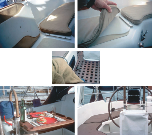 The cockpit cushions, at top, are fixed to the seats with a channel groove arrangement that allows the cushions to be installed in the spring and left for the entire season. The cockpit grate, above, disguises some of the sand and grit that are tracked aboard. The cockpit table enables cocktails for six or dinner for two; it is shown in use, lower left, and protected by a vinyl cover, lower right.