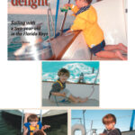 Noah and Mr. Seaturtle learn about cruising, on facing page. Noah, in harness and tether, mans the winch, at left; he swims with his Mom and reads up on the birds of Florida, below.