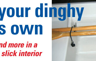 Stowed fore-and-aft across the seats, and held there by bungee cords, the dinghy’s oars are in their proper place. A pair of fairleads fastened to the forward side of the aft seat secures one cord; another pair on the aft side of the midship seat holds the other.
