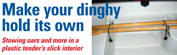 Stowed fore-and-aft across the seats, and held there by bungee cords, the dinghy’s oars are in their proper place. A pair of fairleads fastened to the forward side of the aft seat secures one cord; another pair on the aft side of the midship seat holds the other.