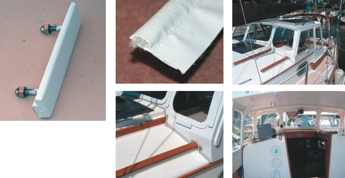 One of six oak blocks, top left, with a 1⁄4-inch channel to secure the polycarbonate. It takes about five minutes to remove all six windows or screens. Vinyl-covered rope, top center, and installed, below center, provides an effective seal for the forward edge of the dodger where it sits on the cabintop. Exterior shot, top right, shows the triangular oak piece which seals the top of the teak coamings. Interior shot, bottom right, shows the halogen light above the radar display. A red LED is also available for night travel.