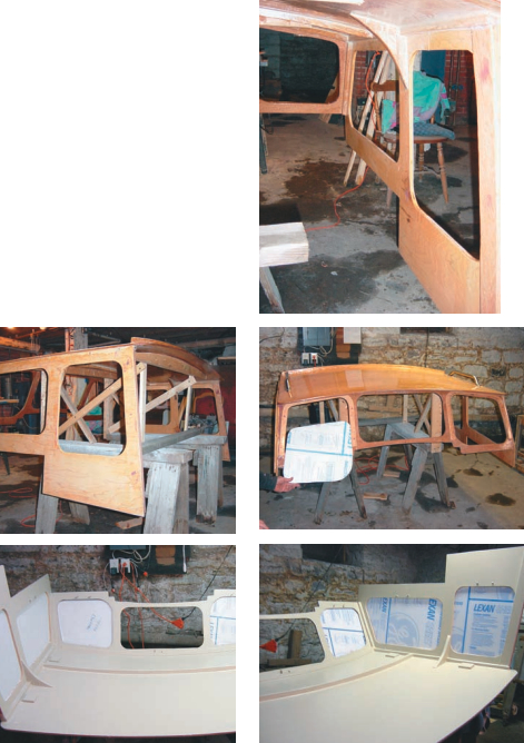 Internal knee supports made of oak, top right. Early stage of construction, top left, before eyebrows were added for side windows. Note the oak stiffener above the okoume-laminated top. The polycarbonate side windows slide into their frame eyebrows, as shown in the middle photo at right. The front window was made of laminated safety glass and is not removable. Testing the fit of the windows after the interior was painted, bottom photos. Notice the oak stiffener and joint support and backing blocks for stainless handrails.