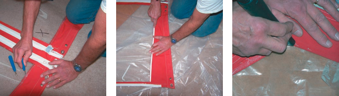 Method 3: Use a thread-stripper to cut the threads holding the old pane in place, at left. Apply double-sided basting tape to the dodger to anchor the new pane in place for sewing, center. A vacuum cleaner with a narrow nozzle works well for removing the old threads from the dodger, at right.