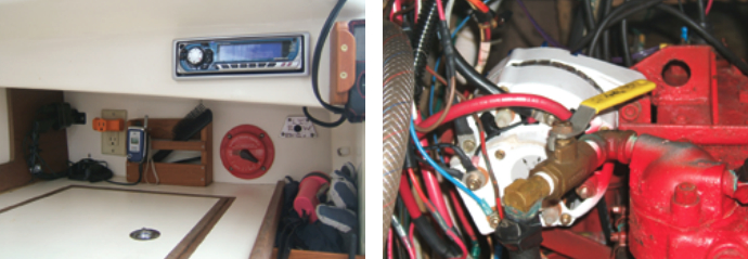 In the photo at left, pictured from left to right: a 12-volt DC receptacle with a charging base for a handheld VHF just below it; a GFCI AC receptacle, connected to an AC shorepower breaker panel just above it; and a main battery safety switch, the old-fashioned kind. If you can switch from one position to the next without any perceptible interruption in, say, the glow of a light fixture, the switch is still good. The Balmar 65-amp alternator on the Atomic 4, at right. Balmar sells this and the ARS-4 regulator as a kit specifically intended for the Atomic 4.