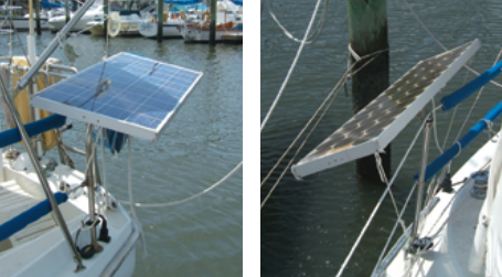 One of two solar panels, at left — this one’s a 55-watt Kyocera. The second panel, at right, is an old Arco 51-watt. Each was bought on eBay for less than $300. Placement of larger solar panels on a small boat is a serious head-scratcher. There’s no perfect solution, but they’re worth it.