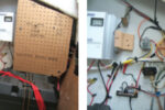 In the port cockpit locker, at left, are two flooded-cell 105Ah deep-cycle batteries. Above the batteries is a pegboard panel covering the solar and alternator regulators. An enlarged hole in the panel makes it possible to observe the status of the solar regulator. Outboard of the panel is an AC shorepower charger. All three sources of charging — solar, alternator, and AC shorepower — are together with the shortest possible cable runs. With the panel removed, at right, you can see the alternator regulator in the upper right-hand corner and the solar panel regulator to the left and down.
