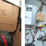 In the port cockpit locker, at left, are two flooded-cell 105Ah deep-cycle batteries. Above the batteries is a pegboard panel covering the solar and alternator regulators. An enlarged hole in the panel makes it possible to observe the status of the solar regulator. Outboard of the panel is an AC shorepower charger. All three sources of charging — solar, alternator, and AC shorepower — are together with the shortest possible cable runs. With the panel removed, at right, you can see the alternator regulator in the upper right-hand corner and the solar panel regulator to the left and down.