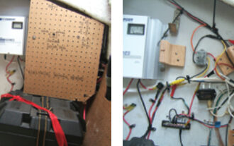 In the port cockpit locker, at left, are two flooded-cell 105Ah deep-cycle batteries. Above the batteries is a pegboard panel covering the solar and alternator regulators. An enlarged hole in the panel makes it possible to observe the status of the solar regulator. Outboard of the panel is an AC shorepower charger. All three sources of charging — solar, alternator, and AC shorepower — are together with the shortest possible cable runs. With the panel removed, at right, you can see the alternator regulator in the upper right-hand corner and the solar panel regulator to the left and down.