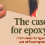 Ignited by a charcoal grill lighter, this epoxy/fiberglass laminate burns with a yellow, sooty flame and does not self-extinguish. It would not meet the test criteria 94V-0 when tested in accordance with UL 94, Test for Flammability of Plastic Materials for Parts in Devices and Appliances. A wet-exhaust system component made from the same material would, therefore, not meet ABYC standards.