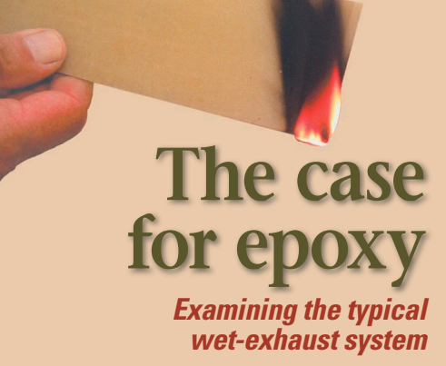 Ignited by a charcoal grill lighter, this epoxy/fiberglass laminate burns with a yellow, sooty flame and does not self-extinguish. It would not meet the test criteria 94V-0 when tested in accordance with UL 94, Test for Flammability of Plastic Materials for Parts in Devices and Appliances. A wet-exhaust system component made from the same material would, therefore, not meet ABYC standards.