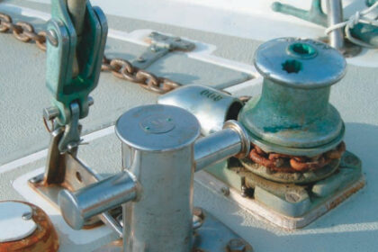 Like other sailors, singlehanders sleep better if their boat is equipped with heavy ground tackle, lots of chain, a dependable windlass, and a strong attachment point, such as this samson post.