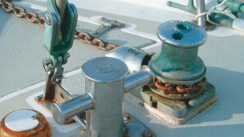 Like other sailors, singlehanders sleep better if their boat is equipped with heavy ground tackle, lots of chain, a dependable windlass, and a strong attachment point, such as this samson post.
