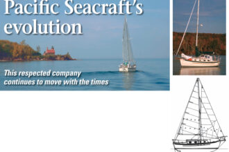 The Dana 24, facing page and at right, built between 1986 and 1999, is a handsome pocket cruiser. The forestay is secured to the end of the bowsprit, which increases area of the foretriangle to give the sail plan more power to move the boat’s 8,000-pound displacement.
