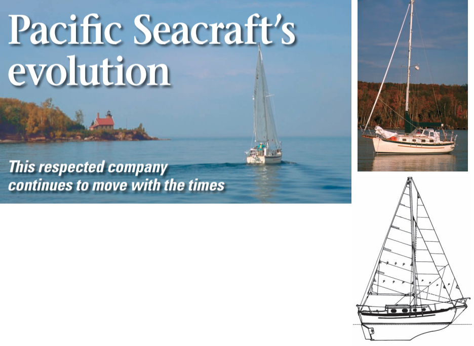 The Dana 24, facing page and at right, built between 1986 and 1999, is a handsome pocket cruiser. The forestay is secured to the end of the bowsprit, which increases area of the foretriangle to give the sail plan more power to move the boat’s 8,000-pound displacement.