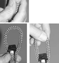 No, a SplicingNut is not someone who absolutely “loves” splicing above all else on his boat, nor is it some- one who’s been driven ’round the bend by splicing double braid. It is, instead, a two-part glass-reinforced-polymer device that has a certain nut-like appearance and can be used to form a loop in some lines. The line is wrapped around the black piece of the apparatus, as shown above and at left below. An eye, or loop, of any size can be formed in this way. Three sections of line and the black piece fit snuggly in the second piece, as shown at right below. The final construction, not shown here, brings the two pieces completely together.