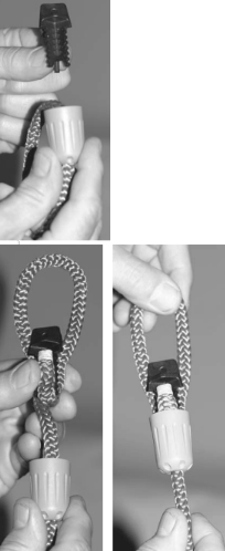 No, a SplicingNut is not someone who absolutely “loves” splicing above all else on his boat, nor is it some- one who’s been driven ’round the bend by splicing double braid. It is, instead, a two-part glass-reinforced-polymer device that has a certain nut-like appearance and can be used to form a loop in some lines. The line is wrapped around the black piece of the apparatus, as shown above and at left below. An eye, or loop, of any size can be formed in this way. Three sections of line and the black piece fit snuggly in the second piece, as shown at right below. The final construction, not shown here, brings the two pieces completely together.