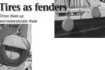 Classy tire fenders on Magnus, above. The forward one is deployed for use. The aft one is in its stowed position, clipped up above the rubrail. The construction is revealed, below left. This “zippered pouch” can also provide convenient stowage for docklines.