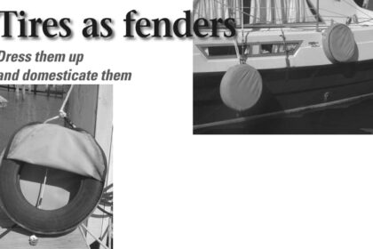 Classy tire fenders on Magnus, above. The forward one is deployed for use. The aft one is in its stowed position, clipped up above the rubrail. The construction is revealed, below left. This “zippered pouch” can also provide convenient stowage for docklines.
