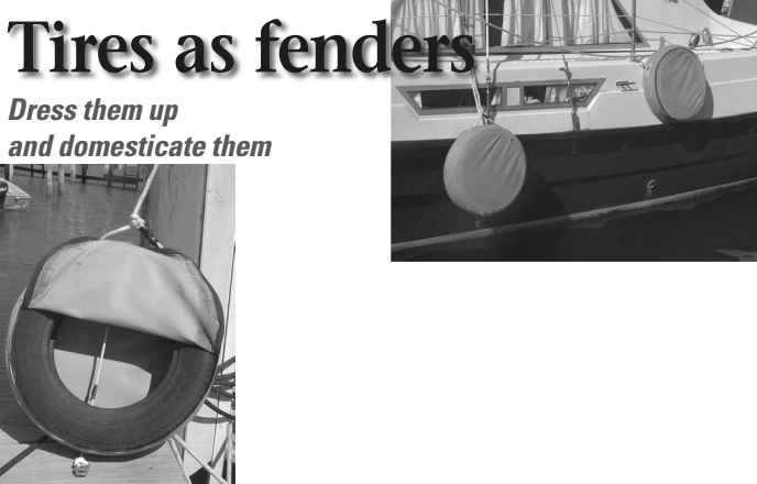 Classy tire fenders on Magnus, above. The forward one is deployed for use. The aft one is in its stowed position, clipped up above the rubrail. The construction is revealed, below left. This “zippered pouch” can also provide convenient stowage for docklines.