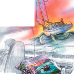 Illustration of daydreaming of boats on a car ride