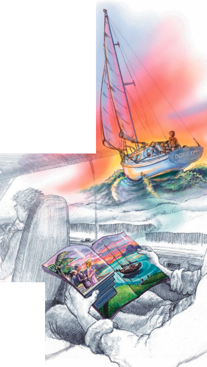 Illustration of daydreaming of boats on a car ride